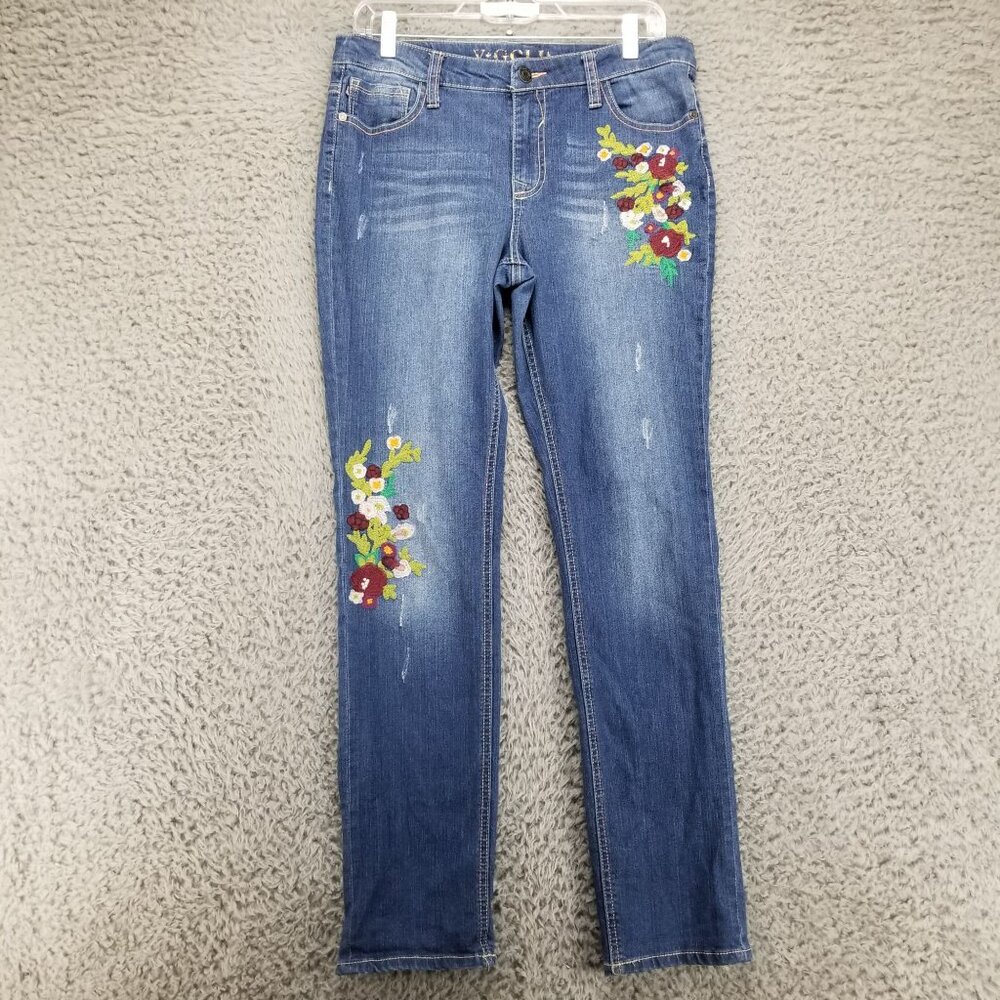 Vigold Jeans Girls 16 1/2 Plus Blue Straight Floral Embroidered Denim *Read*